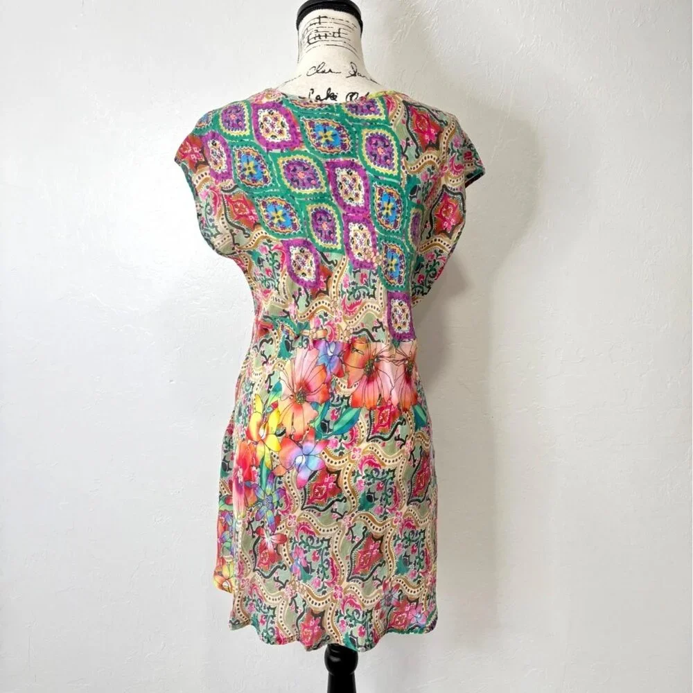 Johnny Was Women Size M Mini Tunic Dress Floral Paisley Short Sleeve Cupra Rayon - Picture 2 of 7